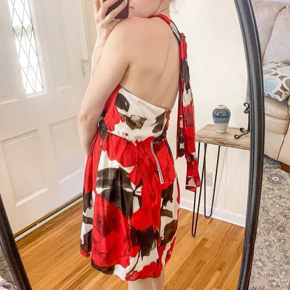 Alice + Olivia Halter Twist Neck Mini Dress Red Floral L - Picture 4 of 7